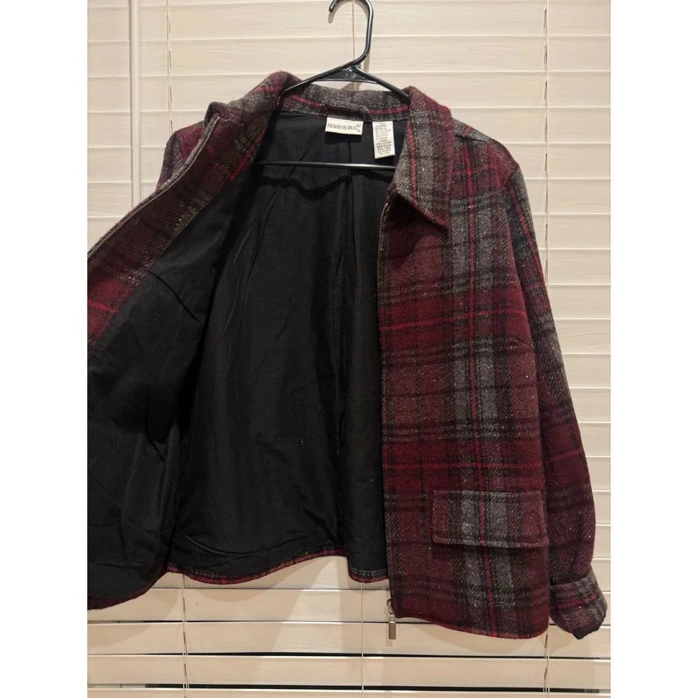 Vintage Fashion Bug Plaid Jacket Women XL Burgundy Wool Blend Barn‎ Jacket Coat